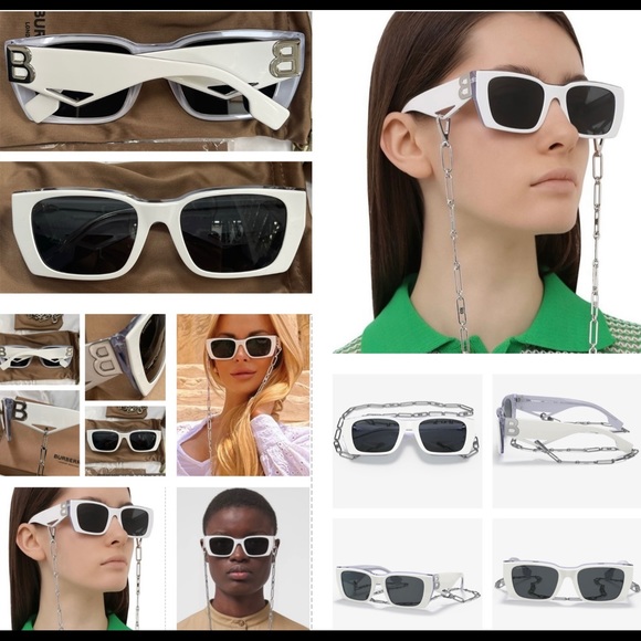 BURBERRY CLASSIC RECTANGLE SUNGLASSES WITH BOLD “B” LOGO & DETACHABLE B CHAIN - Picture 2 of 16
